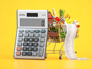 Shopping cart full of grocery food with receipt and calculator. Home budget, savings, inflation and consumerism concept.