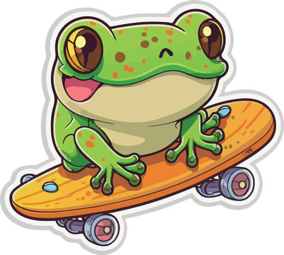 Happy colorful Cute Frog on Skateboard kawaii