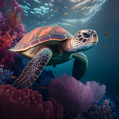 Obraz premium a green sea turtle swimming underwater next to a coral reef. a close up portrait of a green sea turtle underwater. Generative Ai