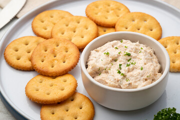 Tuna spread in white bowl with Butter cracker in white plate