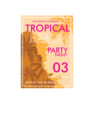 Tropical Beach party Night Banner Poster summer palm tree typography design for t shirt print Flyer template  vector