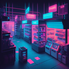 pink and blue neon lights on a city store. neo-noir pink and blue style store market. cyberpunk style dark market grocery store with pink and blue gradient neon lights. Generative Ai - obrazy, fototapety, plakaty