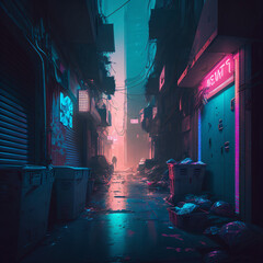 pink and blue neon lights on a city alley. neo-noir pink and blue style city street. cyberpunk style dark alley with pink and blue gradient neon lights. Generative Ai
