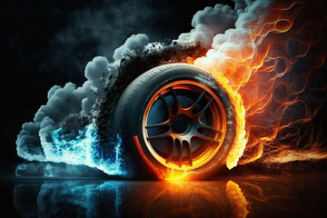 Black color tires the car with a great profile that illuminates the smoke,  Generative AI	 - obrazy, fototapety, plakaty