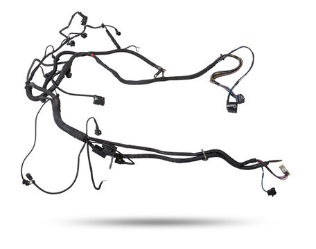 A cable of matted wires of different colors with connectors in the electrical wiring of the car. Internet line in the work of the provider.