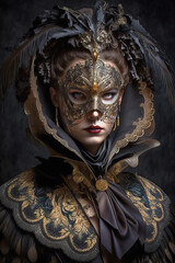 Fototapeta na wymiar Illustration of a woman dressed with a Venetian mask and costume from seventeenth-century for a carnival party in Venice. Carnival elegant festive celebration background. Generative ai 