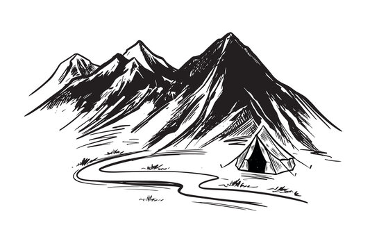 Mountain landscape, Camping in nature, sketch style, vector illustrations.	
