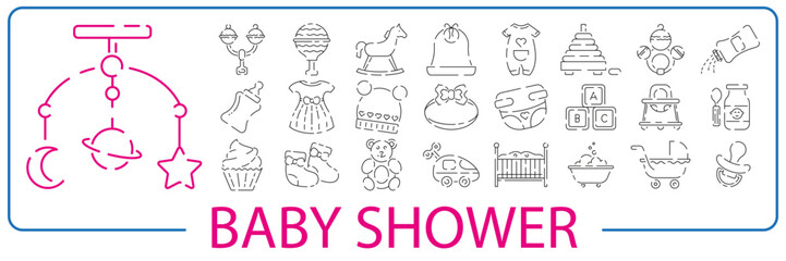 Baby shower line icon set. Included the icons as baby, child, balloon, gift, decoration, toys and party. Headband ribbon