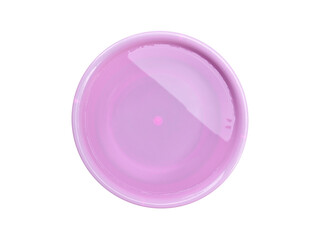clear purity water and light reflection in purple pink plastic basin isolated on white