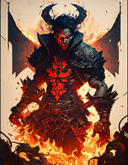 powerful demon with horns surrounded by fire illustration. demon fantasy character design. illustration of a powerful demon with horns surrounded by fire Generative Ai