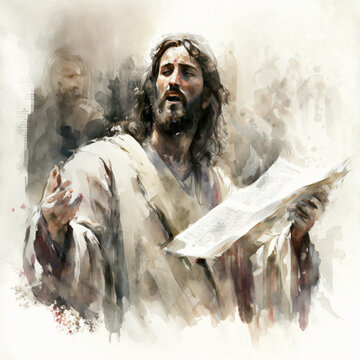 Jesus preaching to the people watercolor painting isolated on a white background Generative Ai