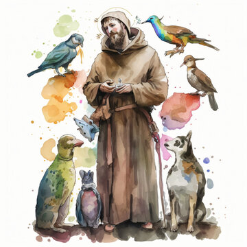 Saint Francis of Assisi talking to animals watercolor painting isolated on a white background Generative Ai