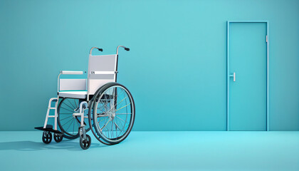 Fototapeta na wymiar Wheelchair empty with blue background