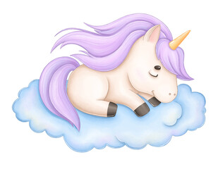 Cute unicorn sleeping on a cloud