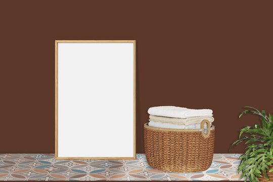 Mockup frame boho with laundry basket, 3D rendering