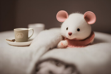 Cute little mouse drinking a cup of warm tea or coffee. Generative AI
