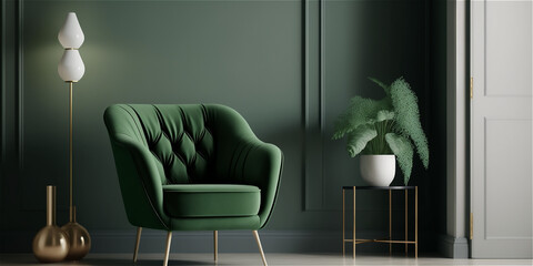 Modern living room with armchair, green color with natural plant. Generative AI