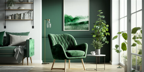 Modern living room with green armchair and natural leaves, generative AI