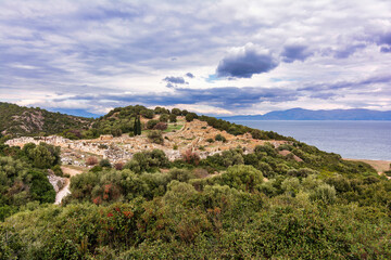 Landscape with a scenic view of Ramnous the ancient fortified site in Attica, Greece