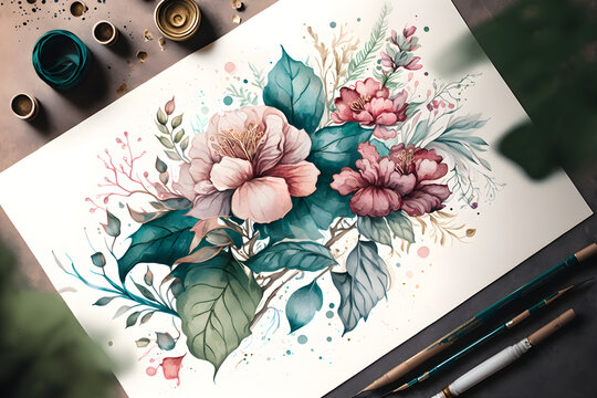 card with flowers, watercolor illustration, generative AI