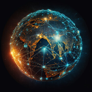  IT Security Nework Globe internet technology with global communication network, showing off how the whole world is connected. Security network providing threats from outside. AI Generated Art.