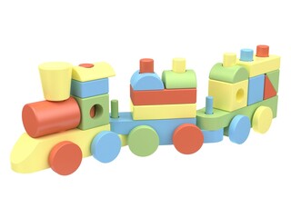 3d render of a children's toy train. Multi-colored train on a light background. 3d render.