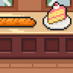 Pixel background strawberry cake food bread sweets bakery cafe interior windows sunny cozy date - obrazy, fototapety, plakaty