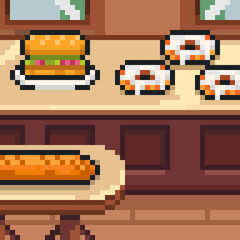 Pixel background bakery donut coffee shop interior sweets food sandwich house