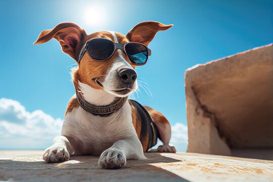 Jack russel terrier with fashion sunglasses traveling at the beach, photography, photorealistric, ultrawide angle lens, wide angle view generative ai