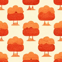 Foto auf Glas Seamless pattern of yellow and orange hand drawn autumn trees. Autumn trees pattern for wallpaper or fabric. Autumn tile. Generative Ai © Eduardo