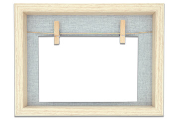 wooden picture frame, mockup with cut-out photo with clothespin, isolated over a transparent...
