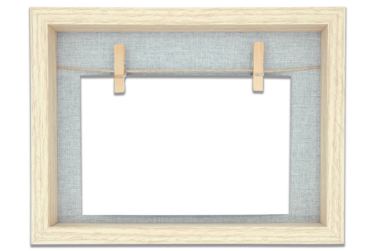 wooden picture frame, mockup with cut-out photo with clothespin, isolated over a transparent background, interior or gallery design element