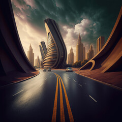 Obraz na płótnie Canvas ai generated image of pespective view road to modern urban city