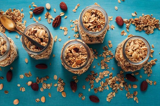 Jars of tasty granola with nuts and dry fruits on light blue wooden table, closeup. Generative AI