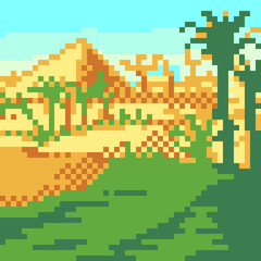 Pixel background sunny landscape desert palms pyramids egipt africa 8 bit illustration