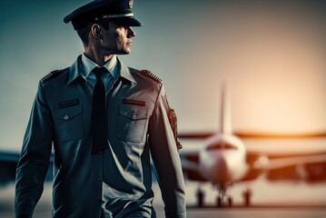 Close up portrait of an airliner pilot male wearing blue flight uniform and captain's cap on the blurred airport background. Generative AI