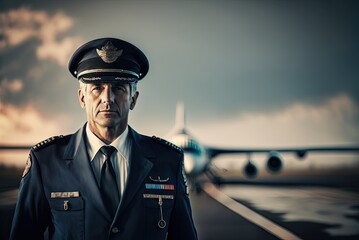 Obraz premium Close up portrait of an airliner pilot male wearing blue flight uniform and captain's cap on the blurred airport background. Generative AI