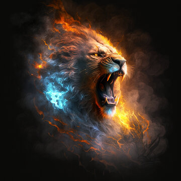 roaring mighty fantasy lion with flames and glowing lights, generative ai