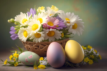Obraz na płótnie Canvas Easter composition with a bouquet of flowers and eggs on a blurred background made with Generative AI