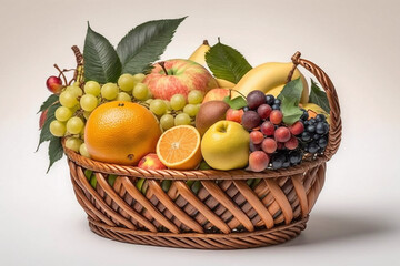 Naklejka na ściany i meble assorted fresh fruits in a basket isolated on white background. Grapes, oranges, apples created with Generative AI technology.