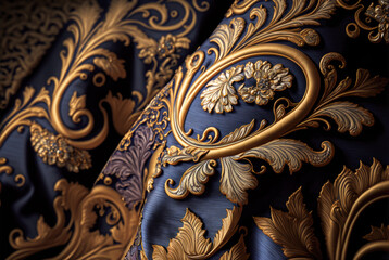 Brocade. A close-up of a dense blue silk fabric with golden ornaments. Created with Generative AI.