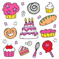 Baking collection of Hand drawn cartoon style flat vector