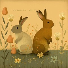 Easter illustration two rabbits side by side with flowers