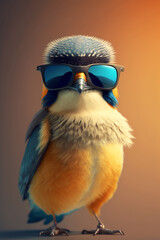 A small colorful bird wearing sunglasses
