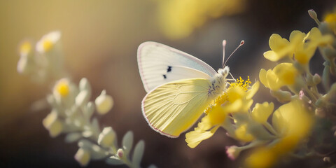 Delicately yellow romantic natural floral background with a white butterfly on flower in soft daylight with beautiful bokeh and pastel colors, close-up macro