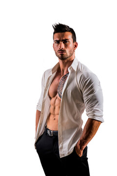 Man with white shirt open on naked torso