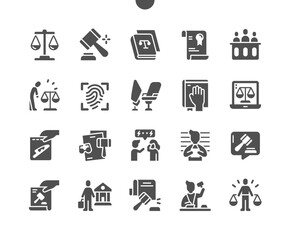 Law and justice. Judge chair. Conflict, criminal, fingerprint and verdict. Online justice. Law book. Vector Solid Icons. Simple Pictogram