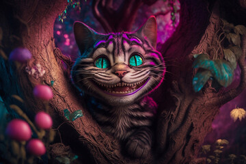 Cheshire cat with pink and purple stripes from Alice in wonderland. Generative AI - obrazy, fototapety, plakaty