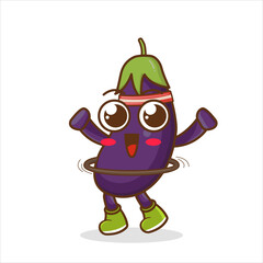 Obraz premium Vector mascot, cartoon and illustration of a eggplant doing exercises with hula hoop