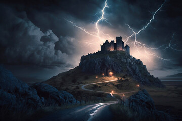 Castles on top of a hill with a winding road up to it, midnight in a thunder and lighting storm. Generative AI